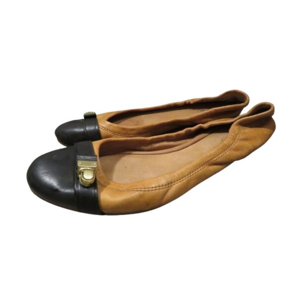 Coach Shoes - COACH Delphine Leather Buckle Ballet Flats in Black Tan Quiet Luxury Size US 8.5